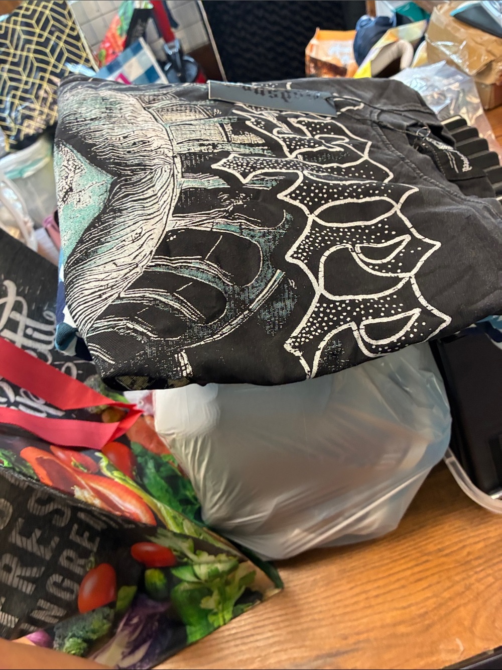 Black Graphic Short Sleeve Tee with White & Teal Print